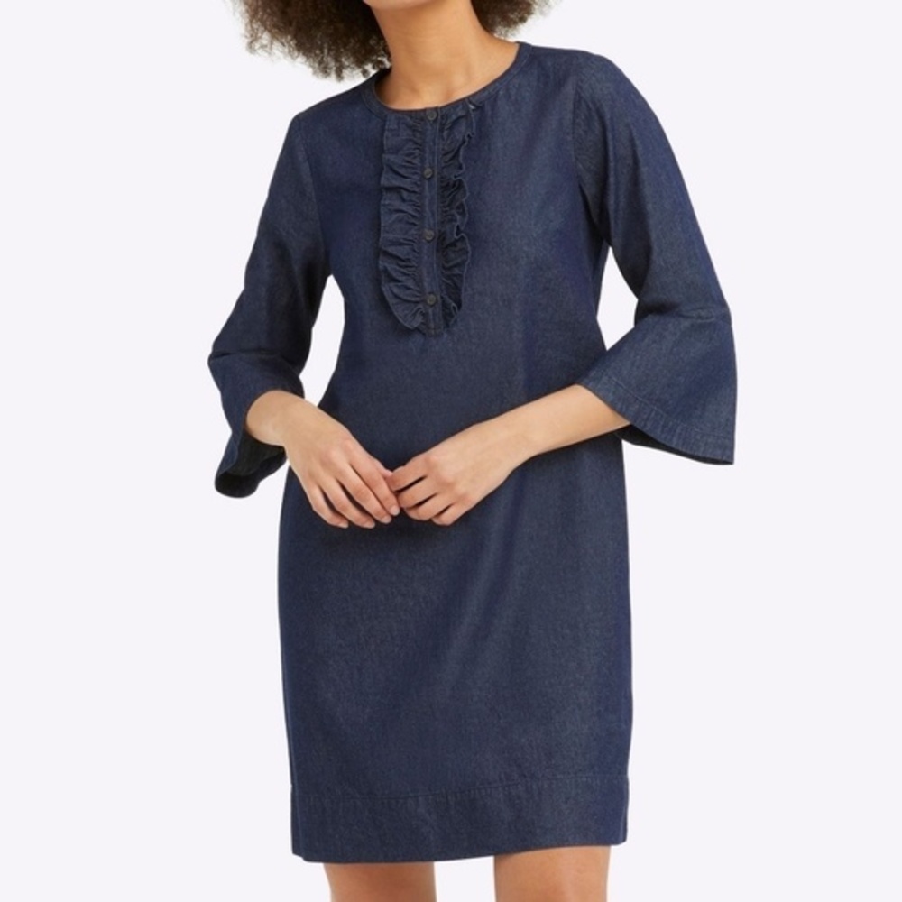 Drapper James. Chambray Ruffle Shift Dress.
